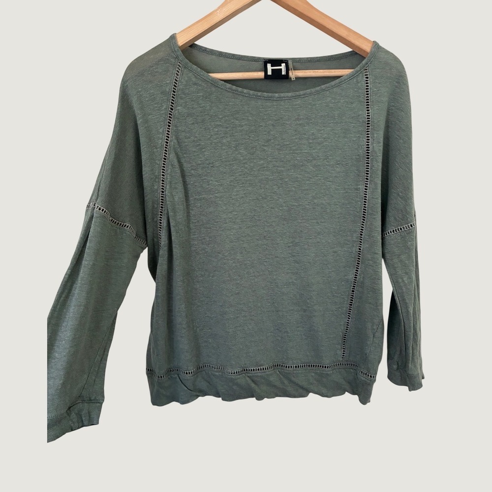 H by Bordeaux Sage Green 100% Linen Ladder Stitch Long Sleeve Top Womens M Boho